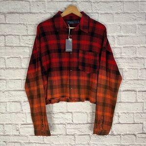 Indigo Rising Women’s Large Plaid Flannel Raw Hem Cropped Long Sleeve Button Up